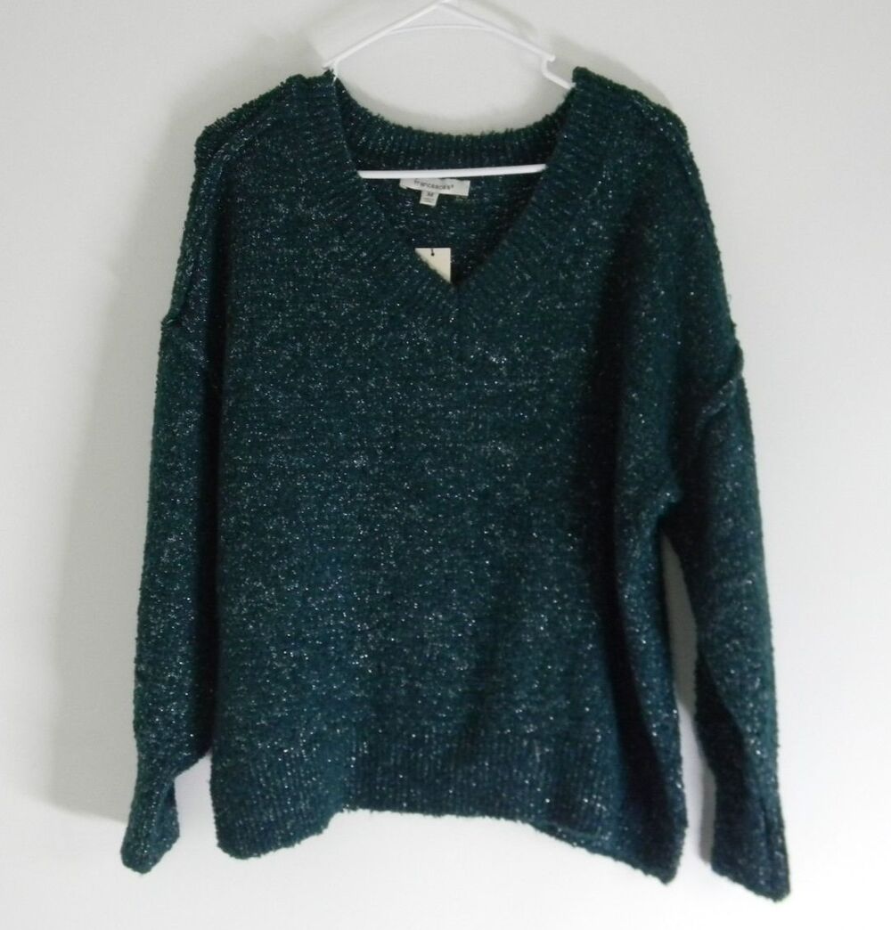 francesca's Green Sweater V-neck Pullover Silver Throughout Size M NWT